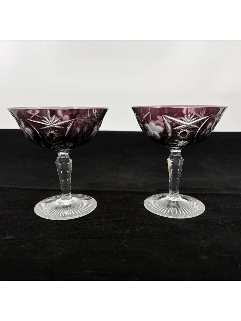Vintage Ajka Marsala Amethyst Cut to Clear Sherbet Champagne Coupe Set of 2 4.75